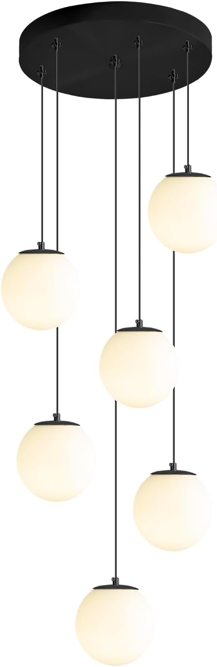 H 87in Globe Pendant Light 6-Lights Modern Hanging Chandelier for Kitchen Island Black Globe Chandelier Milk White Glass Pendant Lighting for Living Room Bedroom Entryway