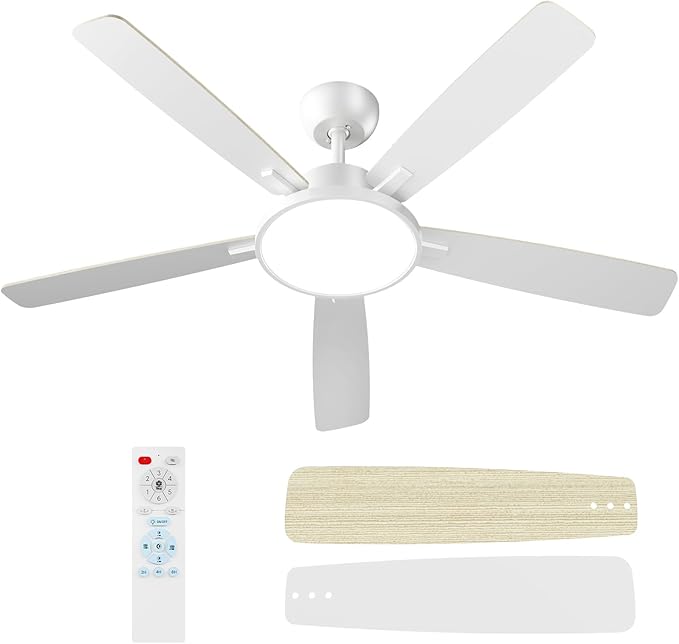TALOYA 52 Inch White Ceiling Fans with Lights Led Remote Control Flush Mount Low Profile for Bedroom Living Dining Room Outdoor Farmhouse Patio,Reversible,DC Motor,Diammable,Buzzer ON/Off,5 Blades