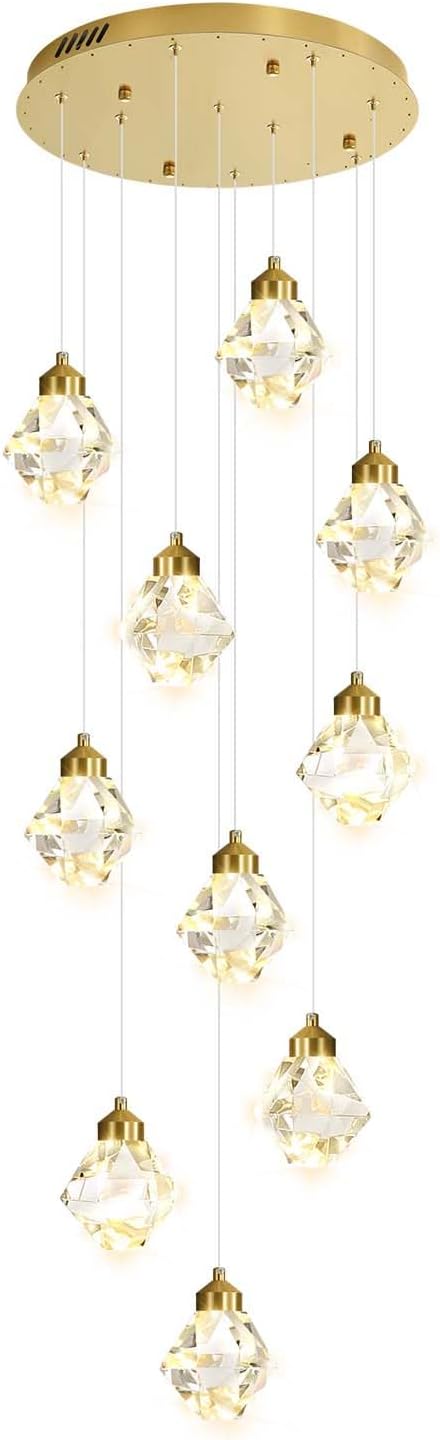 10-Light Modern Chandelier for Entrance Crystal Chandeliers for Living Room Gold Pendant Light Fixture Staircase Chandeliers for High Ceilings Dimmable LED Hanging Light with Remote