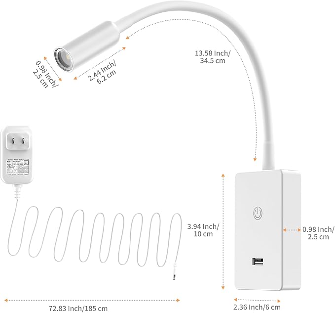 LED Wall Mounted Bedside Reading Light with Wireless Remote Control, White Flexible LED Bedroom Wall Spot Lamp, Dimmable Neutral White 4000K Lighting, Timer Function, 5V2A USB Output