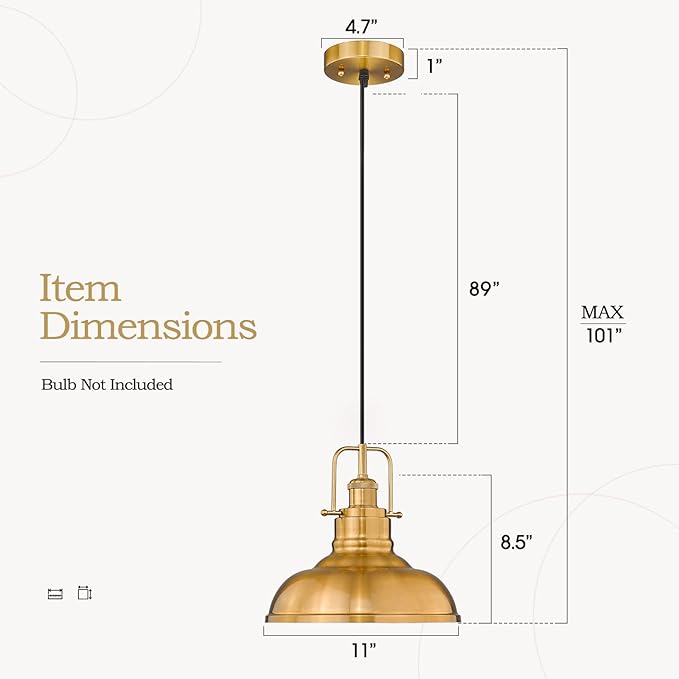 zeyu Farmhouse Pendant Lighting for Kitchen Island, 1-Light Industrial Hanging Pendant Light with Metal Dome Shade, Gold Finish, 016-1 BG