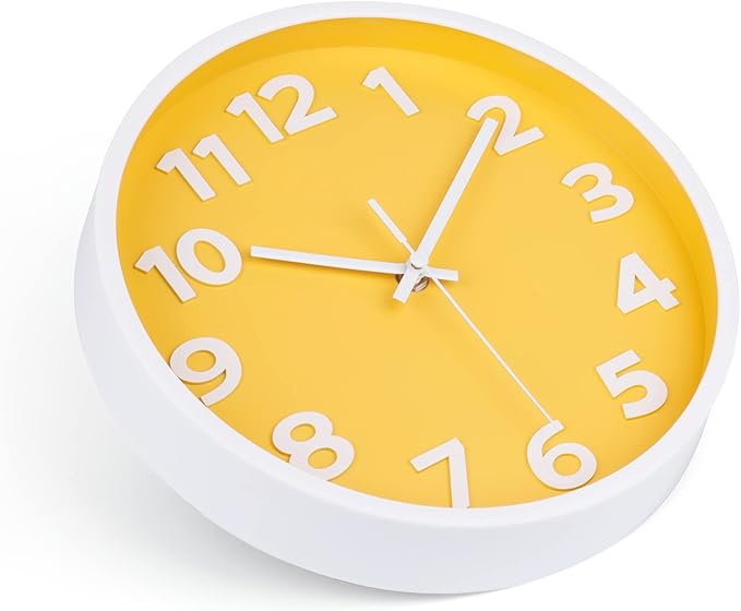 10 Inch Yellow Modern Wall Clock Silent Non-Ticking Battery Operated Wall Clocks for Home Office School Decor,3D Numbers Easy to Read