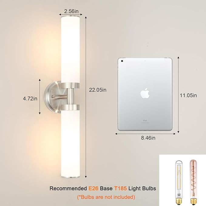 Brushed Nickel Wall Sconces Set of 2, Modern Bathroom Vanity Lights for Mirror, Wall Light Fixtures with Milk Glass for Bathroom, Bedroom, Hallway, E26 Base, Bulbs Required, 22.05 Inch