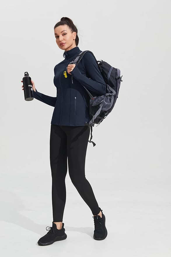 PINSPARK Women's Athletic Jackets Slim Fit Workout Jacket Full Zip Up Running Gym Yoga Sports Tops with Pockets