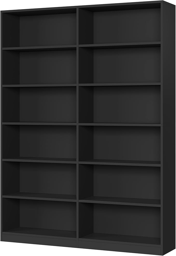 Bookshelf and Bookcase, 6-Tier Double Wide Bookshelfs, Freestanding Display Storage Shelves, Tall Bookcases for Home Decor Bedroom, Living Room, Home Office,Black