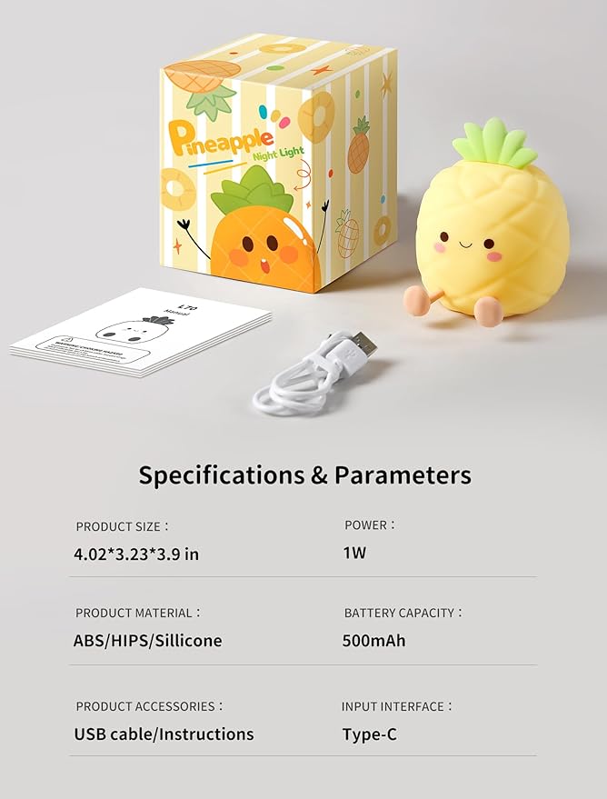 Night Light, Nursery Night Light for Kids, Bedside Touch Lamp, Cute Silicone Nightlight for Baby Toddler, 3 Level Dimmable Soft Night Lamp Gift for Bedroom Kids Room Decor (Pineapple)