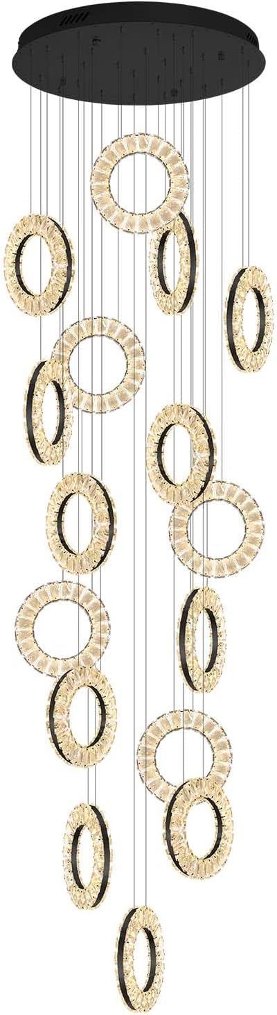 16 Rings High Ceiling Chandelier,Black Rings Chandeliers Staircase Chandelier for High Ceilings,Foyer Chandeliers Entryway High Ceilings