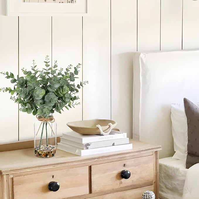 Hollyone Artificial Eucalyptus Stems in Glass Vase with Faux Water and Stones, 14.6" Fake Plants Eucalyptus Leaves with Seeds Branch for Indoor Shelf Desk Home Bathroom Wedding Table Centerpiece Decor