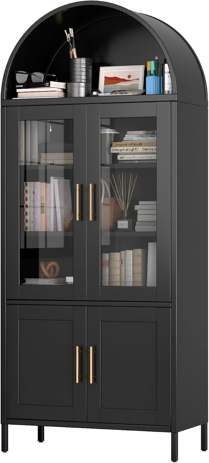 Metal Arched Storage Cabinet, Black Arch Bookcase with Glass Doors, Modern Freestanding Kitchen Pantry Cabinet for Home Office Bar Living Room