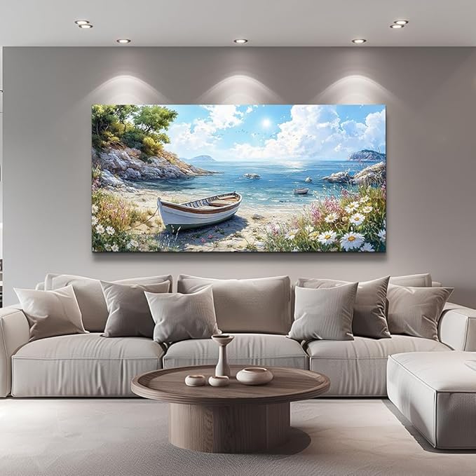ZUITINGHUA Canvas Wall Art For Living Room Large Wall Decor For Office Bedroom Decorations Seaside Boat Landscape Pictures Farmhouse Painting Artwork Room Wall Mural Aesthetic Home Decor 30x60 In