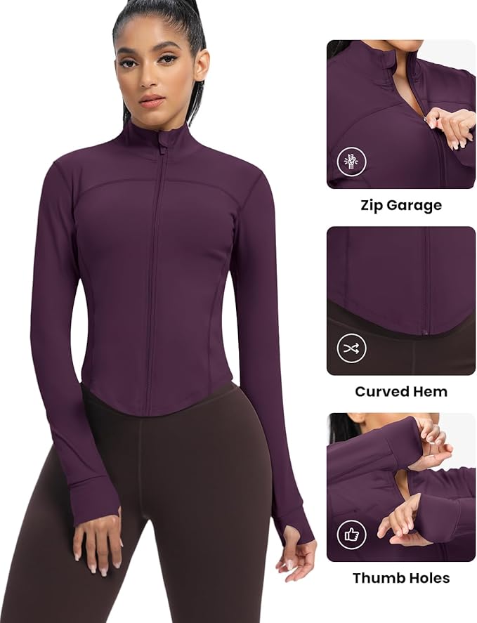 AVGO Women's Cropped Running Workout Jackets Zip Slim Fit Athletic Tops with Thumb Holes