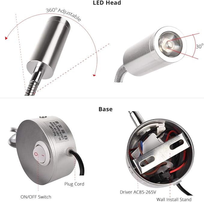 2 Pack Corded Wall Mount Lamp Reading Wall Light for Bed Easy Install AC85-265V (Silver, 2pcs Warm White 3000K)