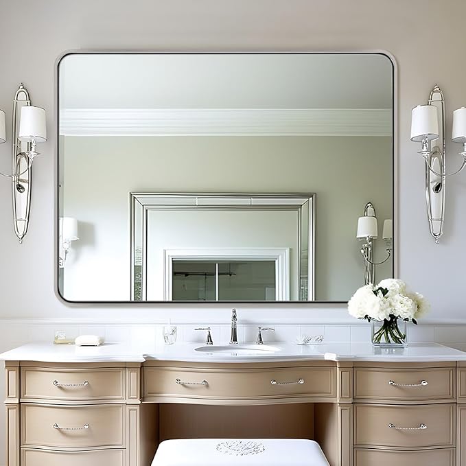 ANDY STAR 48x36 Inch Brushed Nickel Bathroom Mirror, Rounded Rectangle Bathroom Vanity Mirrors for Wall, Anti-Rust SUS304, Seamless Tube Metal Frame, 1'' Deep Wall Mounted Vertically/Horizontal