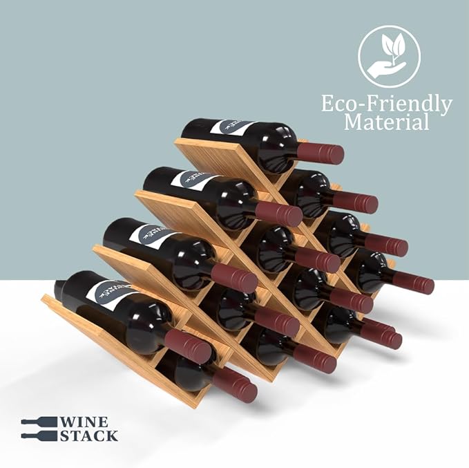 13 Bottle Bamboo Small Wine Rack for Countertop, No Tools Assembly, Modern Lattice Design, Durable, Wine and Liquor Bottle Storage for Small Spaces