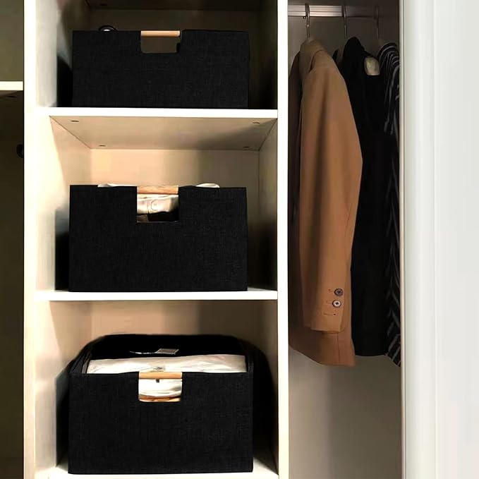 Fabric Storage Basket for Shelves, Collapsible Storage Bins with wood Handles, Rectangle Closet Baskets, Wardrobe Organizer, for Sorting Clothes, Family Items (Black) (2)