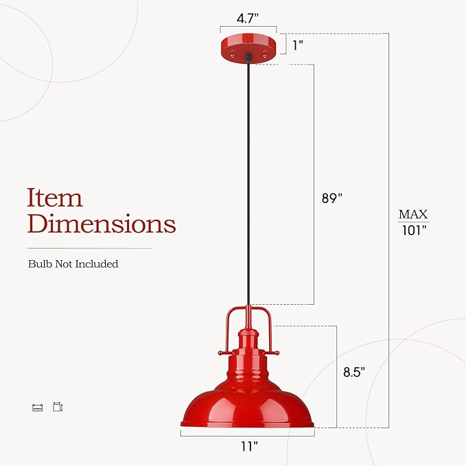 zeyu 2 Pack Modern Pendant Lights, 11-Inch Kitchen Light Fixtures with Metal Dome Lampshade, Red Finish, 016-1-2PK RED