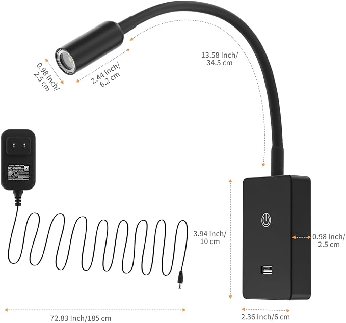 LED Wall Mounted Bedside Lamp with Flexible Gooseneck, Remote Control Black Wall Mount LED Reading Spot Light for Bedroom, Timer Auto Off, Stepless and Step Dimmable, Neutral White Lighting