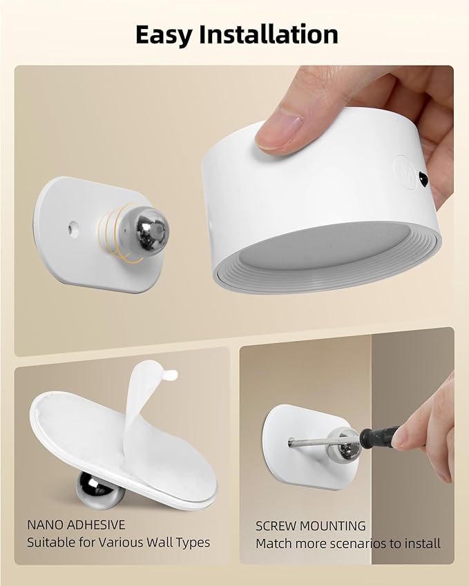 LED Wall Mounted Lights, Rechargeable Wall Sconces Lamp, 3 Color Temps & Remote and Touch, 360°Rotation Dimmable Cordless Wall Light for Study Bedroom Reading Bedside(White, 1 Pack)