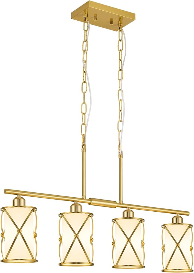 4-Light Kitchen Island Lighting, Brushed Gold Linear Dining Room Light Fixtures with Milk Glass, Modern Industrial Chandelier Pendant Light for Kitchen Island Dining Room, CH9176BGW-4IS