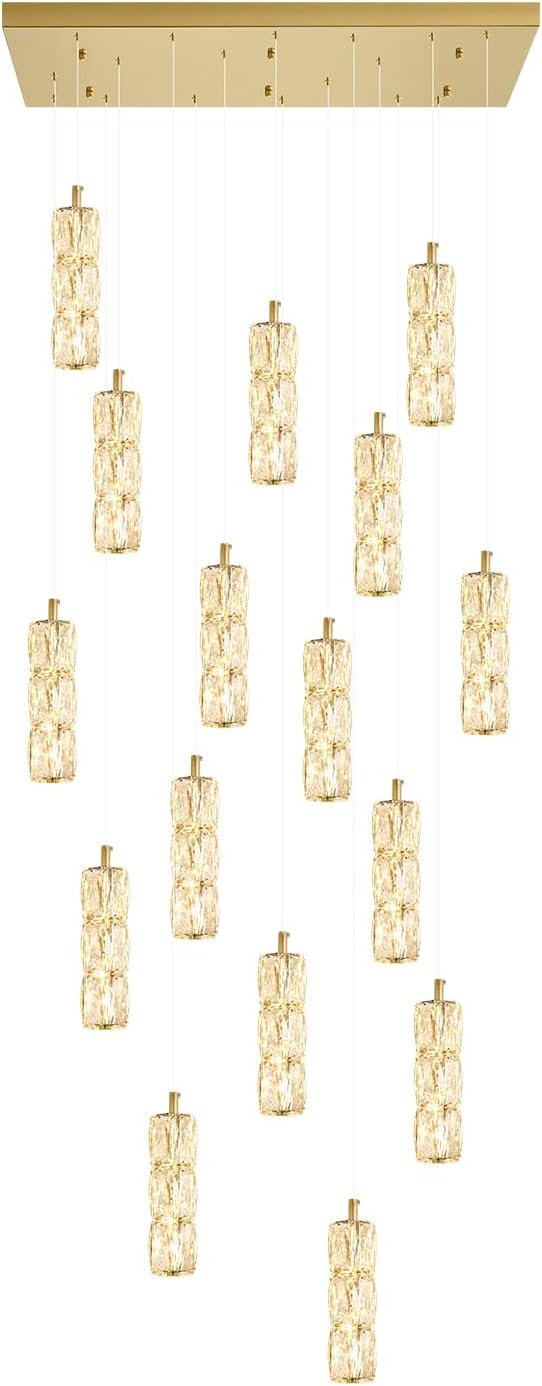 16-Lights Modern Crystal Chandelier Rectangular Dining Room Chandeliers LED Pendant Lighting Fixture for Kitchen Island High Ceiling Chandelier for Staircase Foyer Entryway