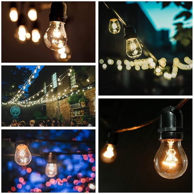 Hometown Evolution, Inc. 100' E26 Commercial LED Outdoor String Lights (100 Foot 50 Socket, S14 LED Filament 1 Watt Light Bulbs)