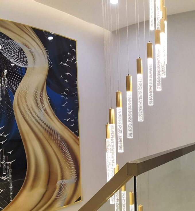 118" High Ceiling Chandelier Linear Crystal Pendants, Remote Dimmable, Compatible Sloped Ceilings, 12-Light Gold, 60 Watts LED, 4800 Lumens