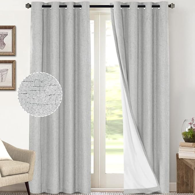 PrinceDeco 100% Blackout Curtains 108 Inches Long 2 Panels Set Burlap Vintage Open Linen Weave Flax Thermal Curtains with White Liner Soundproof Window Treatment Drapes for Nursery, Glacier Grey