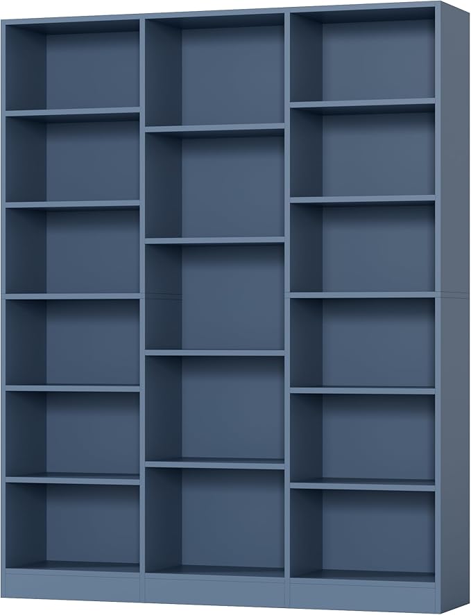 Triple Wide Bookshelf, 6 Tier Large Bookshelf, Bookcase with 17 Open Display Shelves, 74'' Tall Bookcases and Bookshelfs for Living Room, Home Office, Library, Blue