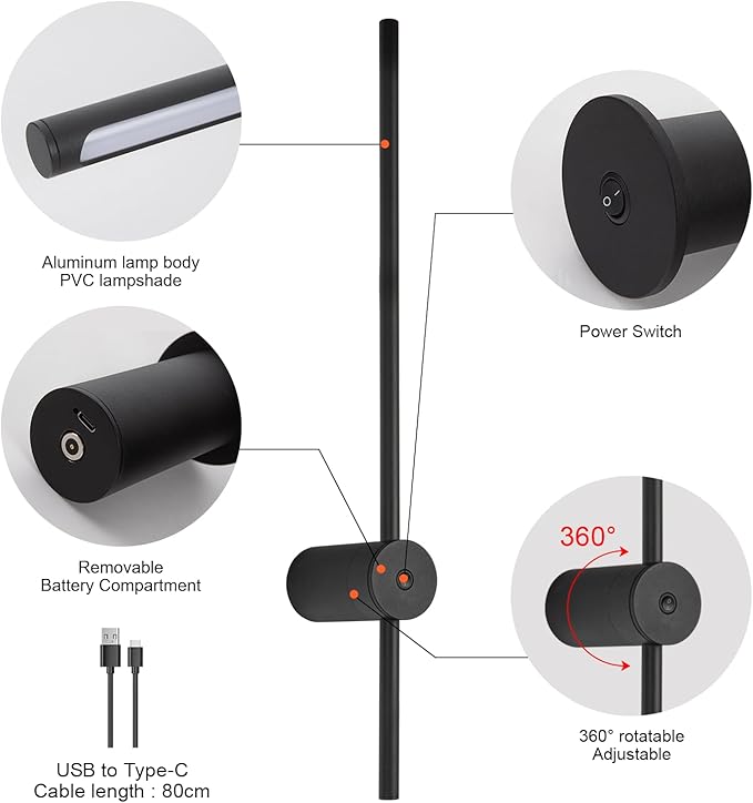 Battery Operated Wall Sconces with Remote Control, USB Rechargeable Wall Lights Wireless, Dimmable LED Wall Sconce Set of 2, 360° Rotation Adjustable Wall Decor for Living Room Bedroom, Black, 24 Inch