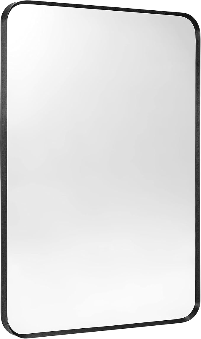 Wall Mount Mirror for Bathroom, Brushed Black Metal Framed Rounded Corner Rectangular Vanity Mirror (24" x 30", Black)