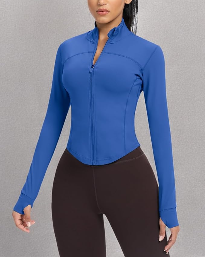 AVGO Women's Cropped Running Workout Jackets Zip Slim Fit Athletic Tops with Thumb Holes