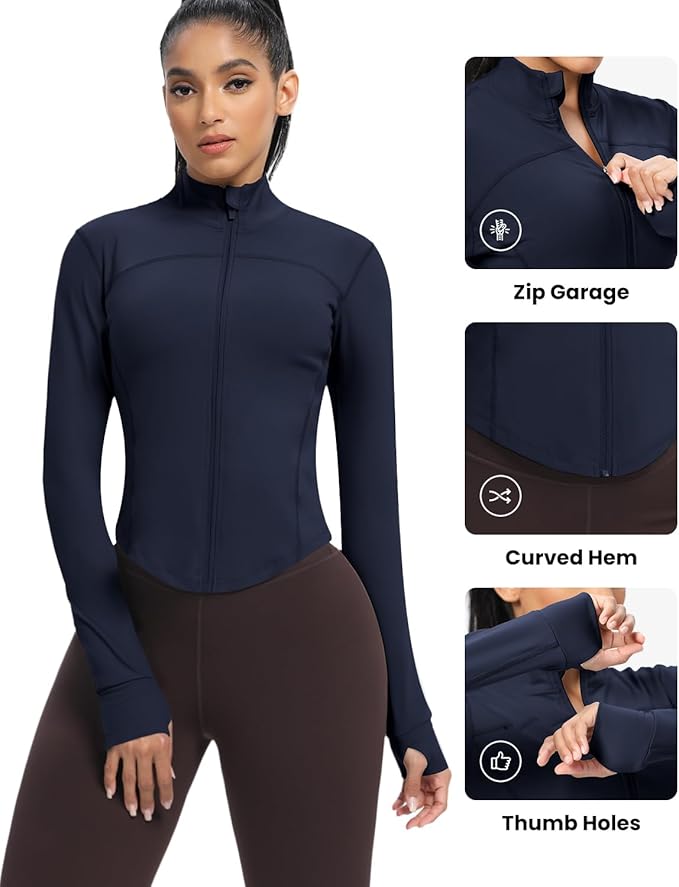 AVGO Women's Cropped Running Workout Jackets Zip Slim Fit Athletic Tops with Thumb Holes