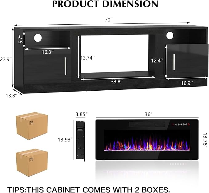 Lemberi Fireplace tv Stand with 36 inch Fireplace Up to 80" TVs,LED Light Entertainment Center and Storage, 70" Modern Wood Media TV Console with Highlight Cabinet for Living Room (Black)