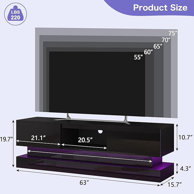 63 inch Black Modern High Gloss LED TV Stand with Side Panels for 50 55 60 65 70 75 inch TV, Gaming Entertainment Center with Storage for PS5, Tall TV Cabinet for Living Room, Bedroom