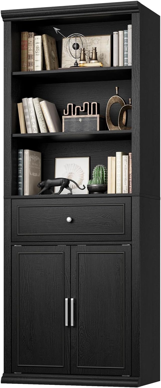 Rresyet Bookcase, 6 Tier Black Bookshelf 28" W Tall Minimalist Bookshelfs with Storage Cabinet Suitable for Offices, Libraries, Living Rooms