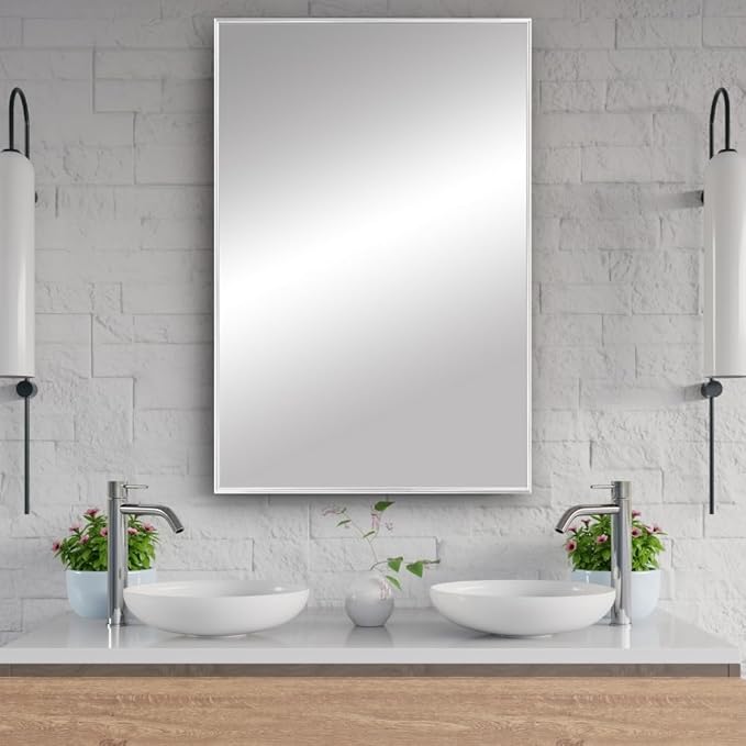 Frame My Mirror White Metal Framed Mirror, 20" x 60" Mirror for Bathroom, Metal Frame, True Reflections Glass, Pure White Finish, Stanton Design, Hangs Horizontally or Vertically, Made in USA