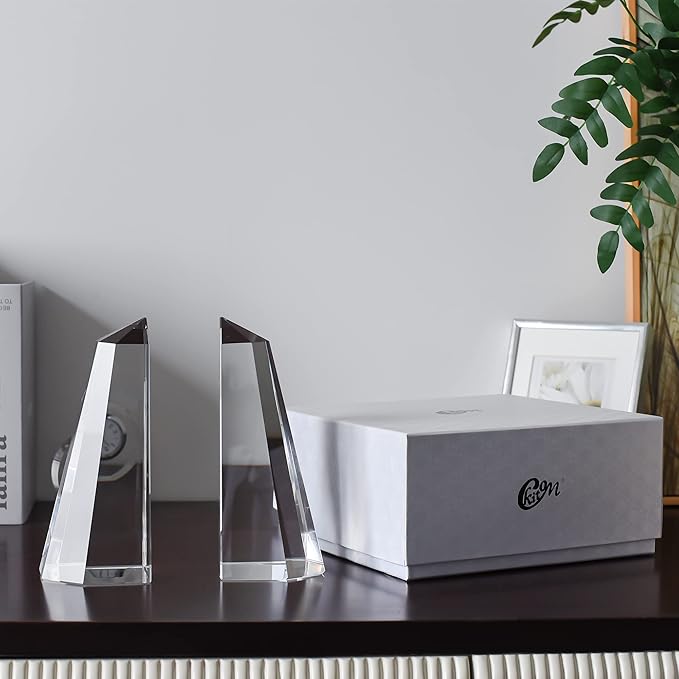 Kitcom Handmade Crystal Bookends Half-Obelisk Design, 1 Pair of Decorative Tabletop Bookends for Office, Home, Desk