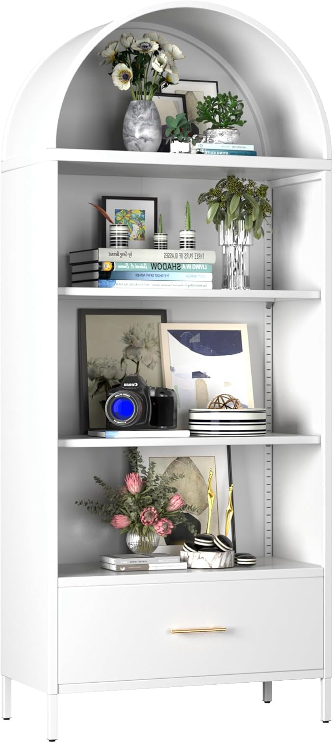 Metal Arched Bookshelf Cabinet, Accent Arch Kitchen Pantry Cabinet with Drawer for Home Office Bar Living Room Farmhouse (White)