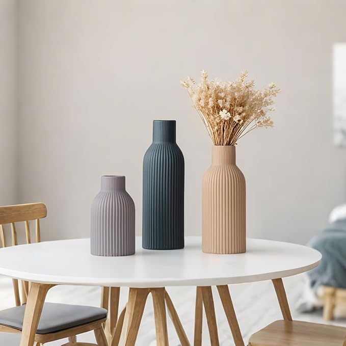 Modern Ceramic Vases Set of 3, Black Ribbed Decorative Vases, Shelf Table Centerpiece for Home Decor (Black Mix)