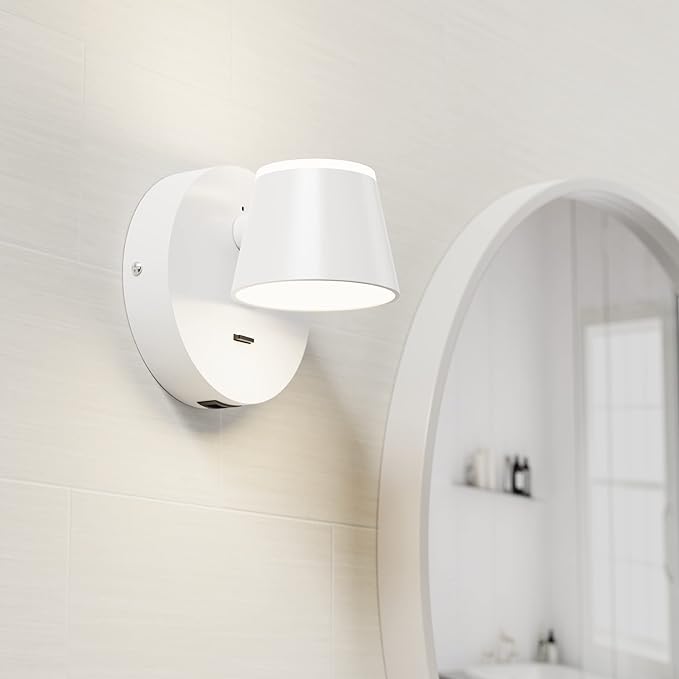 URSOLA Wall Light LED Wall Sconce with On/Off Switch USB Charging Port 110 Volt Hardwired Wall Lamp 350 Rotatable Up Down Sconces Wall Lighting (White)