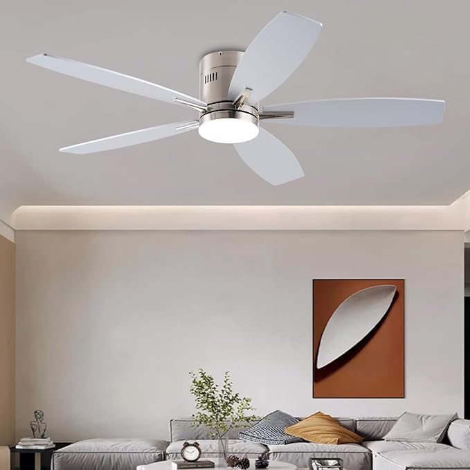 Ceiling Fans with Lights, 52" Low Profile Indoor Ceiling Fan with Light and Remote Control, Dimmable, Noiseless, Reversible, Nickel Ceiling Fan for Bedroom, Indoor/Outdoor Use