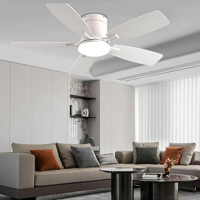 Ceiling Fans with Lights, 42 inch Low Profile Ceiling Fan with Light and Remote Control, Flush Mount, Reversible Motor, Dimmable, Noiseless, White Ceiling Fan for Bedroom, Indoor/Outdoor Use