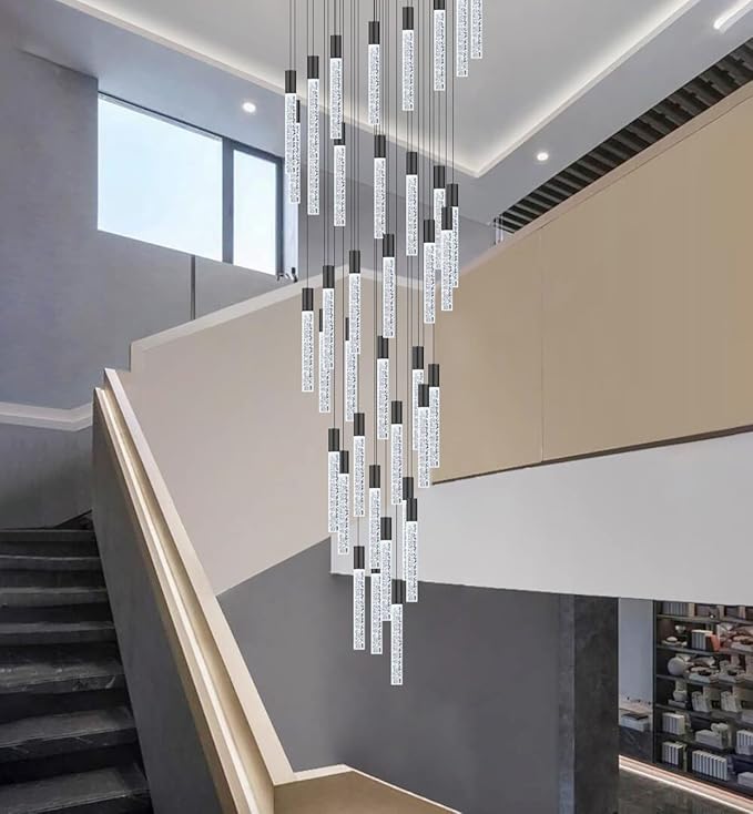 16 Foot Chandeliers for Living Room Entryway High Ceiling Light Fixtures Sloped Flush Mount Ceiling Pendant Lighting Dimmable Chandelier with Remote LED Crystal Pendants Lighting Black Light