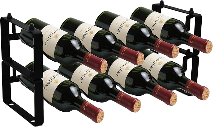 Small Wine Rack for 8 Bottles – Expandable & Stackable Metal Wine Rack for Cabinet, Countertop, Floor, or Small Spaces – Compact Wine Storage Shelf for Kitchen, Bar, or Pantry (2 Tier, Black)