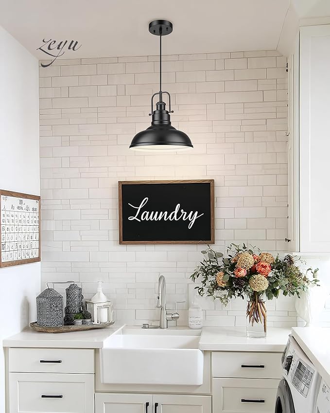 zeyu 1-Light Industrial Pendant Light, 11-Inch Pendant Light Fixture for Kitchen Island, Metal Dome Lampshade in Matte Black Finish, 016-1 BK