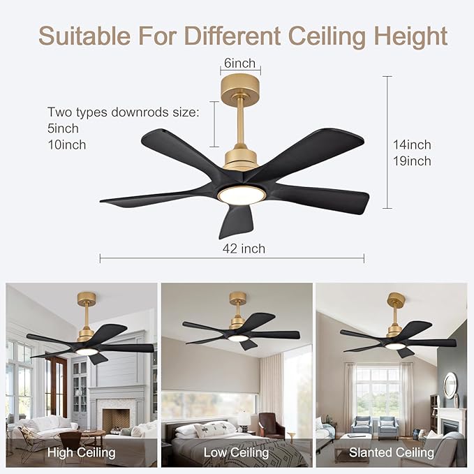 42 Inch Gold Ceiling Fans with Lights with 5 Black Solid Wood Blades, Modern Outdoor Ceiling Fan with Remote for Bedrooms, Living Rooms Dining Rooms, 6 Speeds, Quiet DC Motor, Dimmable Led