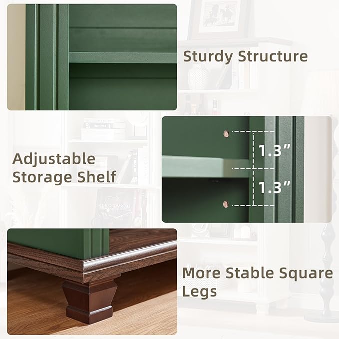 70" Tall Green Bookshelf,5 Tier Wooden Book Shelf with Adjustable Shelves & Wood Legs,Free Standing Farmhouse Bookcase with Open Display Storage,Vintage Bookshelfs for Library, 2PCS