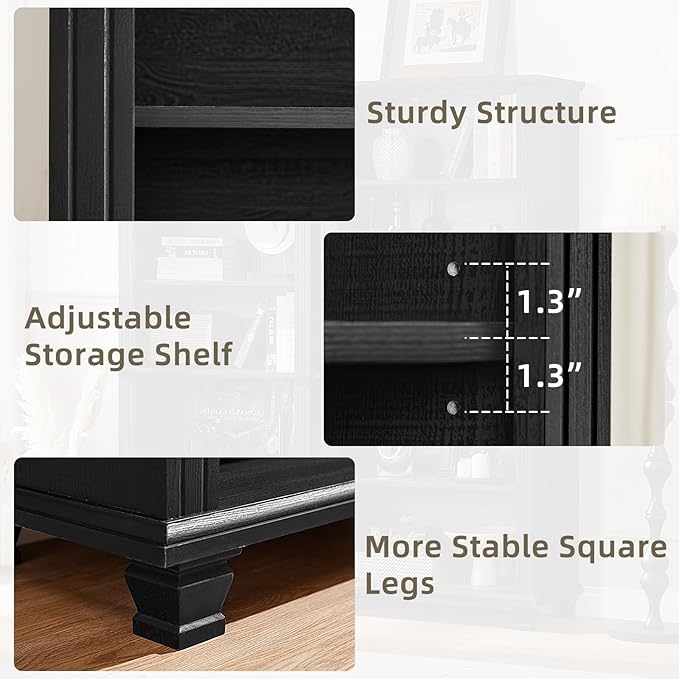 70" Tall Black Bookshelf,5 Tier Wooden Book Shelf with Adjustable Shelves & Wood Legs,Free Standing Farmhouse Bookcase with Open Display Storage,Vintage Bookshelfs for Living Room,Office