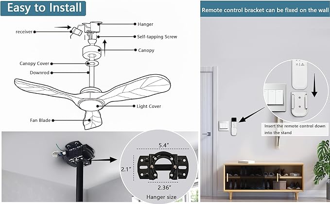 Ceiling Fans with Lights and Remote,60 Inch Unique Wood Ceiling Fan with Noiseless Reversible DC Motor,3 Blades,3 Downrods, for Farmhouse,Patio Living Room,Bedroom,Office,Indoor Outdoor(Black+Walnut)