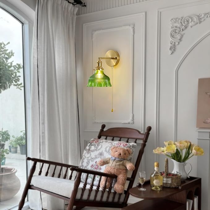 Vintage Wall Sconce 1 Pack, Flower Green Glass Shade Gold Wall Lamp with 12.6 Inch Cable Switch, Modern Bathroom Wall Sconces for Bedroom Corner Hallway